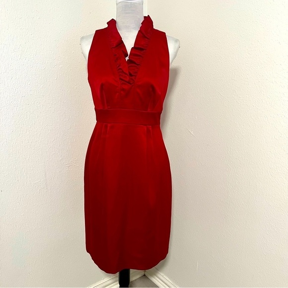 London Times Women’s Red Satin Sheath Sleeveless Ruffled Neck Midi Size 8 Dress - Picture 1 of 7